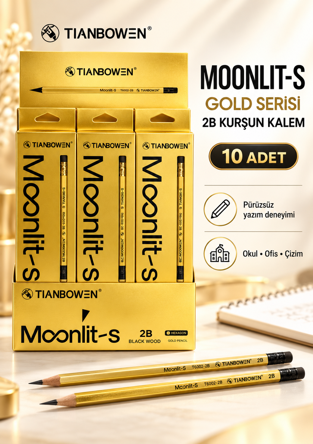 Kurşun Kalem Seti - Metalik Altın Renkli Kurşun Kalem - Gold